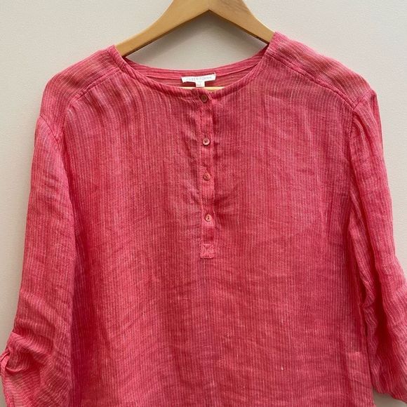Eileen Fisher Linen Popover Top Womens Size Small Coral Pink Striped - Picture 2 of 12